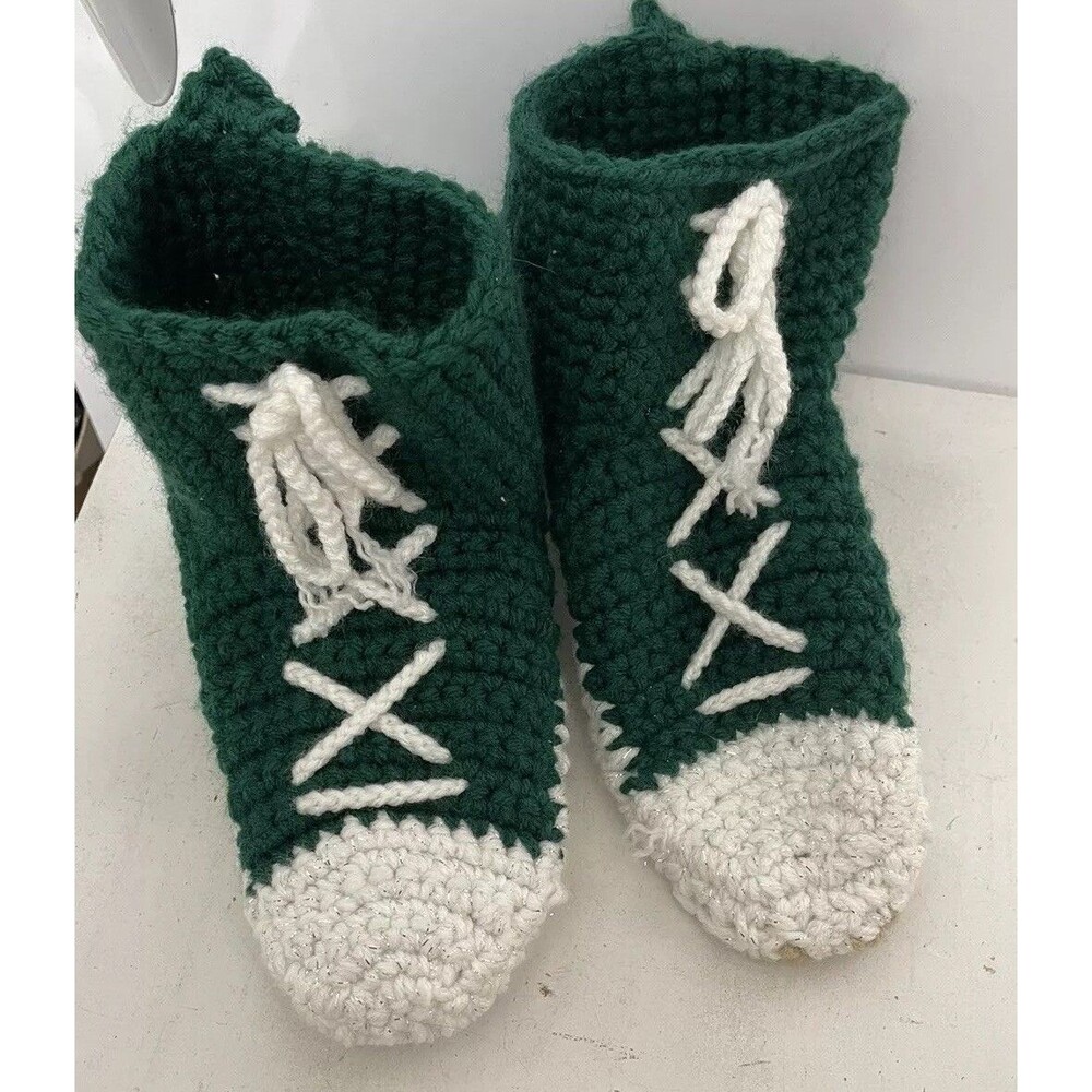 green and white handmade yarn knitted sneakers Size 7.5 To 9 Knit Slippers